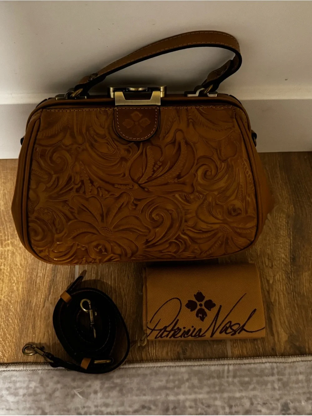 Patricia Nash Embossed Floral Satchel in Cognac Brown